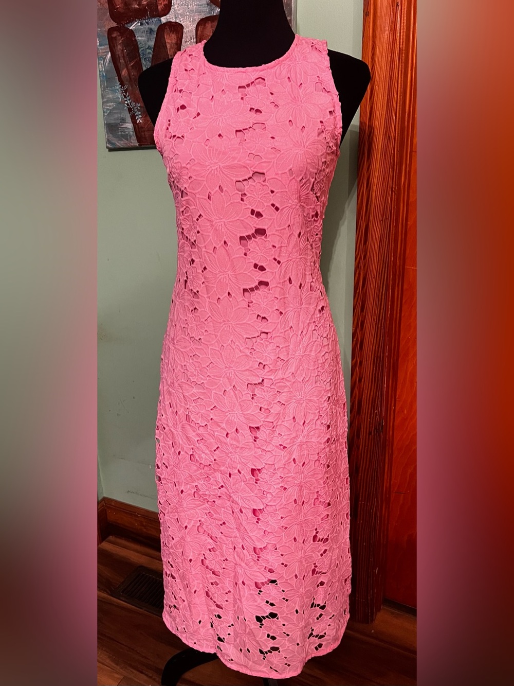 Sleeveless Pink Floral Lace Midi Dress